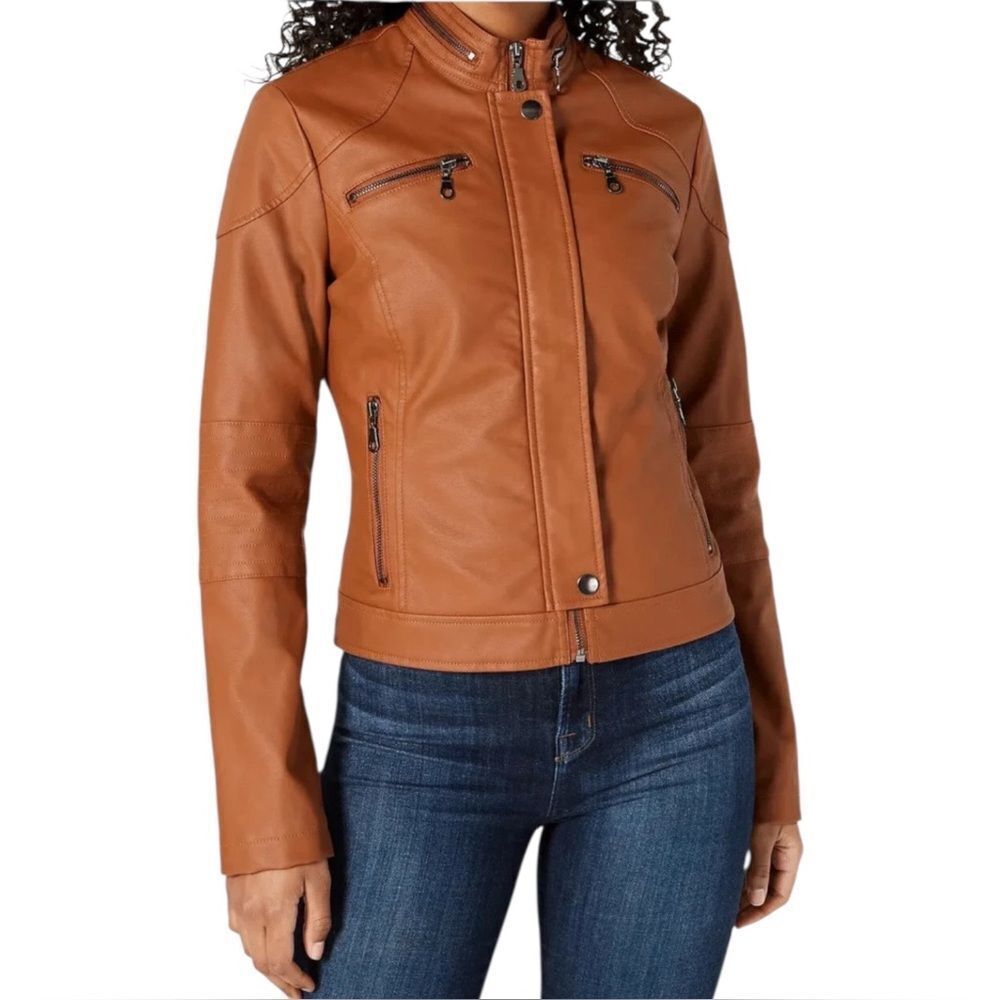Maralyn & Me Juniors Faux-Leather Cognac Moto Zip Front Biker Jacket Medium NWT